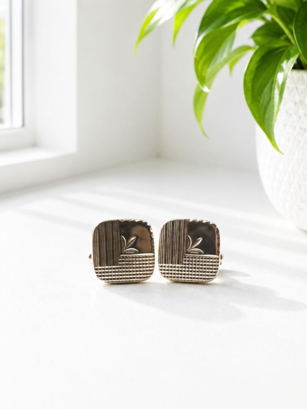 Vintage Gold-Tone Square Cufflinks With Engraved Floral & Textured Design For Me